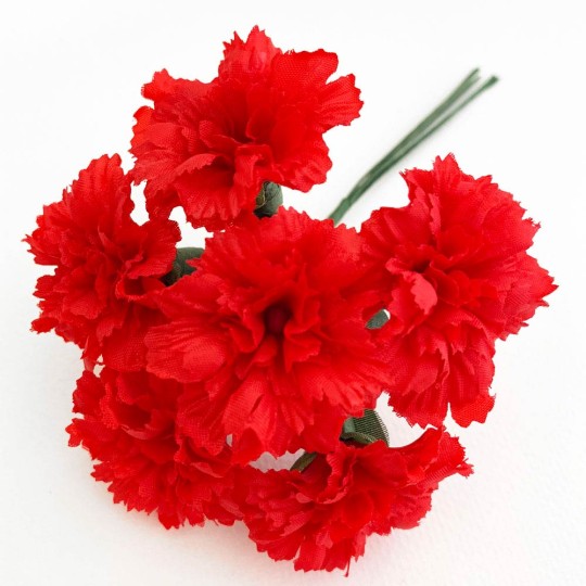 6 Red Fabric Carnation Flowers for Crafts ~ 1-3/8" across